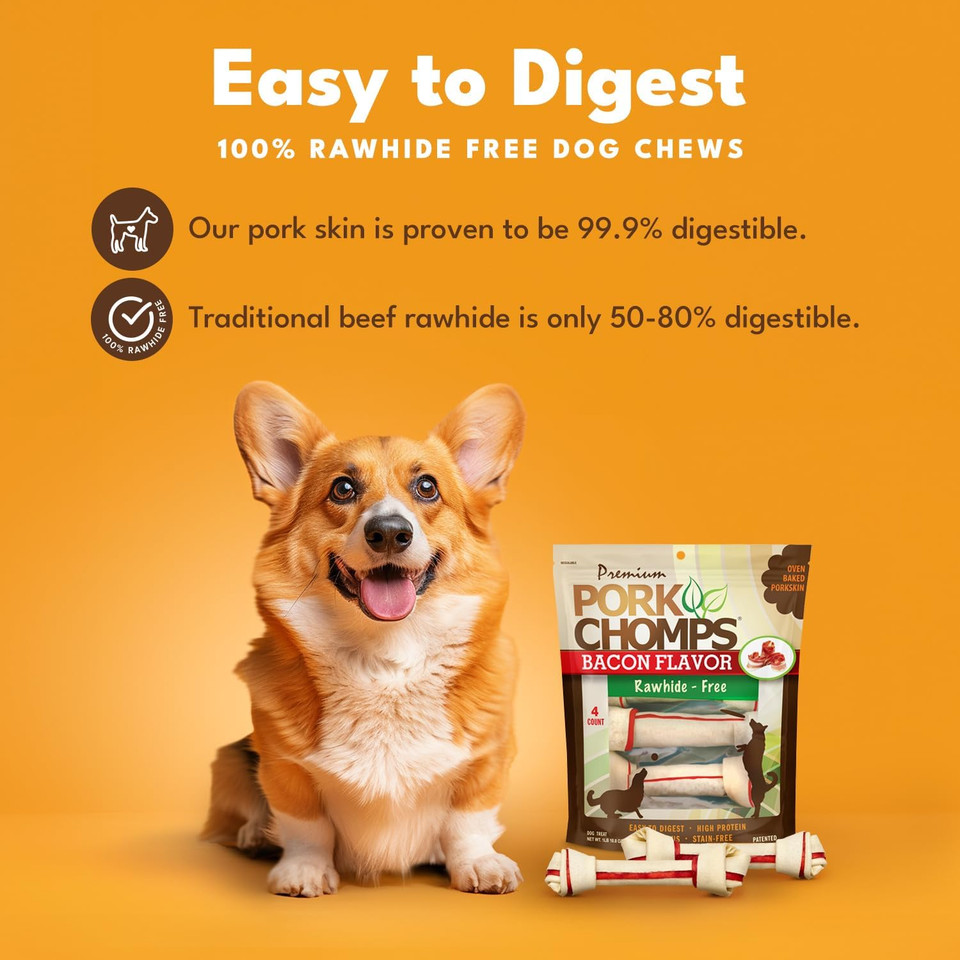 Pork Chomps Baked Pork Skin Dog Chews, 11-Inch Knots, Bacon Flavor Strip, 4 Count