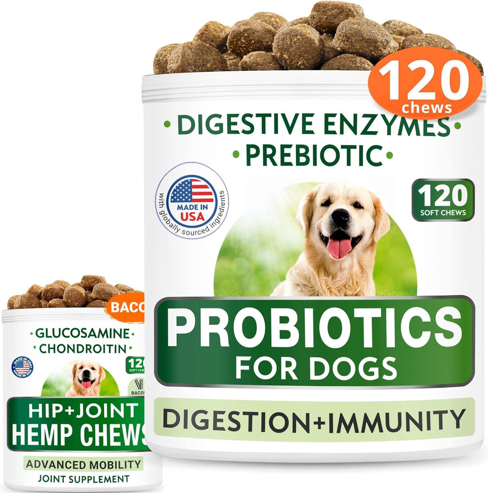 Probiotics + Hemp + Glucosamine Bundle - Upset Stomach Relief + Joint Pain Relief - Digestive Enzymes, Prebiotics + Hemp Oil, Chondroitin W/Msm, Omega 3 - Improve Digestion, Immunity - 120 + 120 Chews
