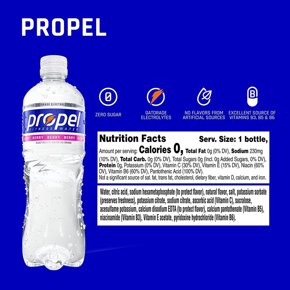 Propel Berry, Zero Calorie Sports Drinking Water With Electrolytes And Vitamins C&E, 16.9 Fl Oz, Pack Of 12 Propel Berry, Zero Calorie Sports Drinking Water With Electrolytes And Vitamins C&E, 16.9 Fl Oz, Pack Of 12