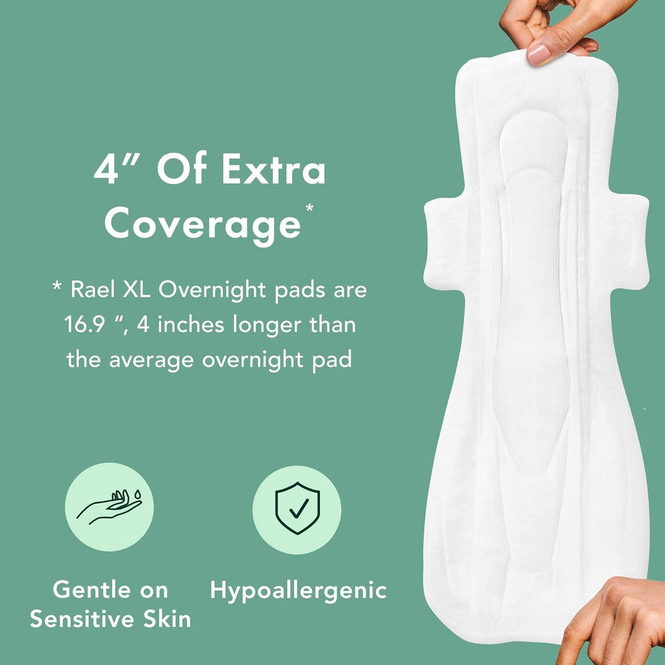 Rael Sanitary Pads For Women Overnight Bundle - Feminine Care, Unscented, Chlorine Free, Organic Cotton Cover Period Pads With Wings/Overnight (20 Count) & Extra Long Overnight (12 Count)