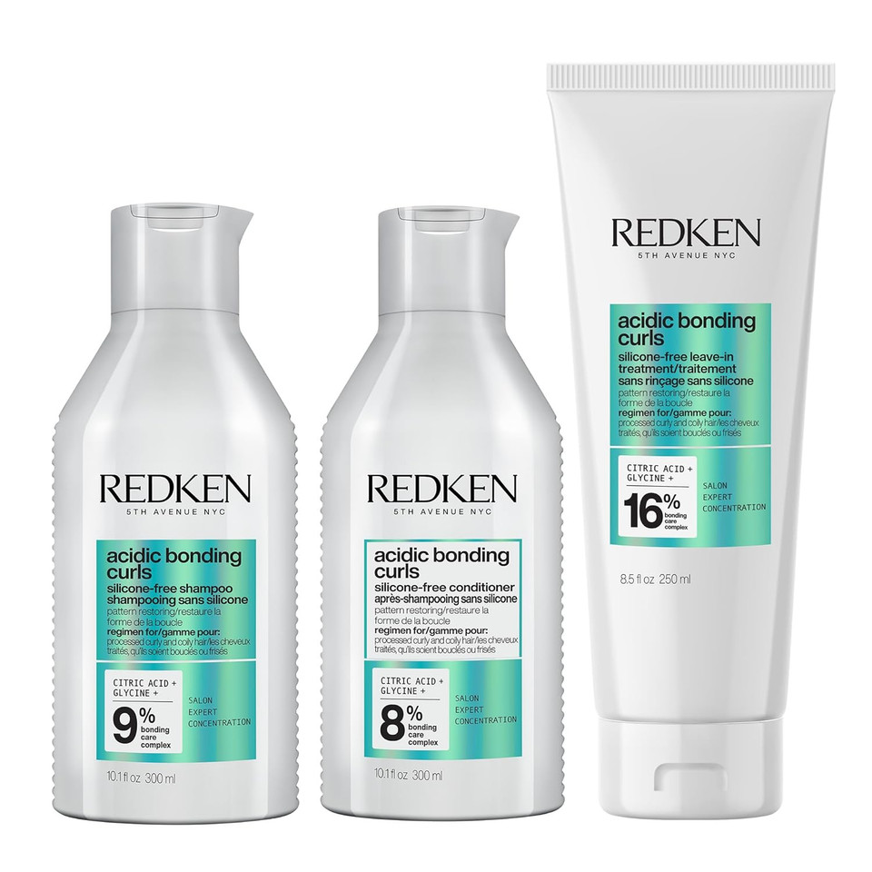 Redken Acidic Bonding Curls Shampoo, Conditioner & Leave-In Treatment Set | Curl Control + Definition | With Citric Acid, Avocado Oil, Shea Butter | Silicone-Free | For Coily And Curly Hair