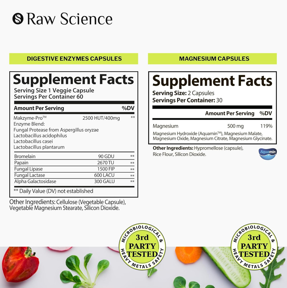 S Raw Science Digestive Wellness - Digestive Support & Relaxation, Muscle And Nerve Health - Digestive Enzymes With Probiotics 400Mg 60Pcs And Multi Magnesium 1400Mg Supplement 60Pcs