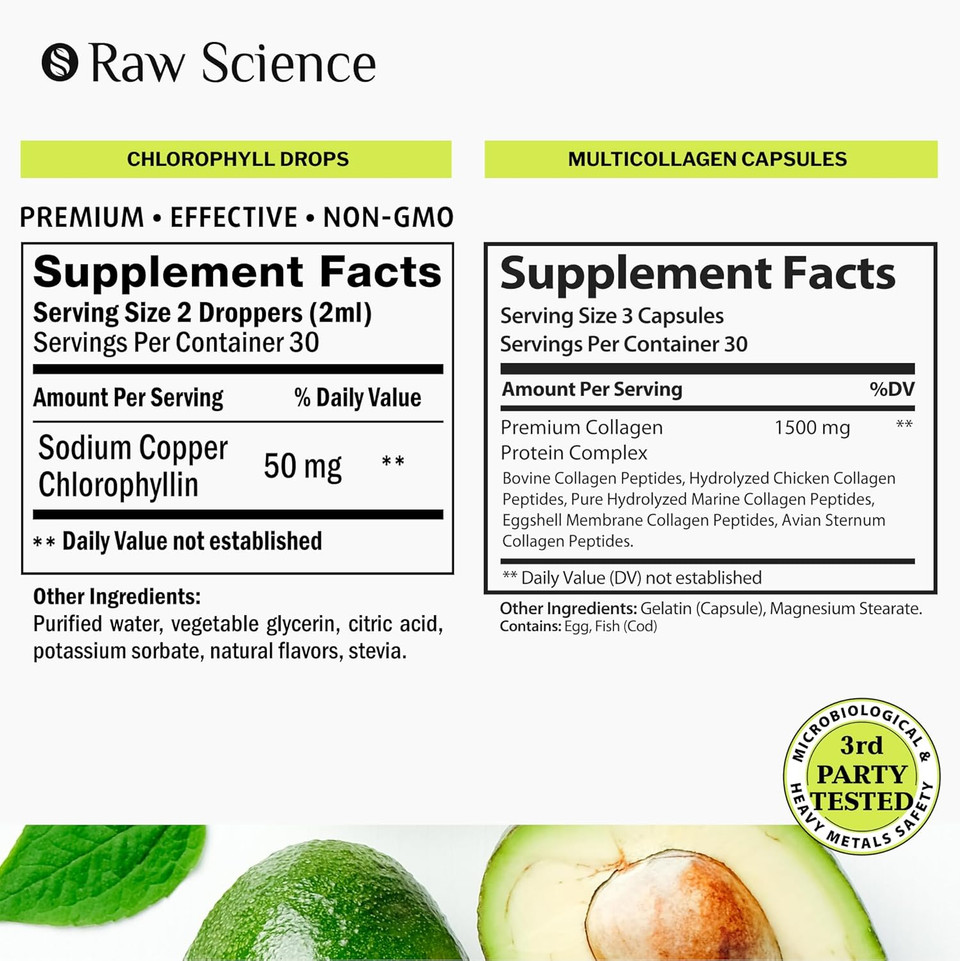 S Raw Science Immune Support & Internal Deodorant, Healthy Hair & Nails  Multi Collagen Capsules 150Pcs And Liquid Chlorophyll 1500Mg 2Oz