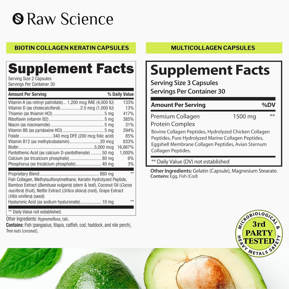 S Raw Science Vitamins For Hair, Skin, And Nail  Biotin & Collagen Drops 30000Mcg 2Oz And Multi Collagen Capsules 150Pcs