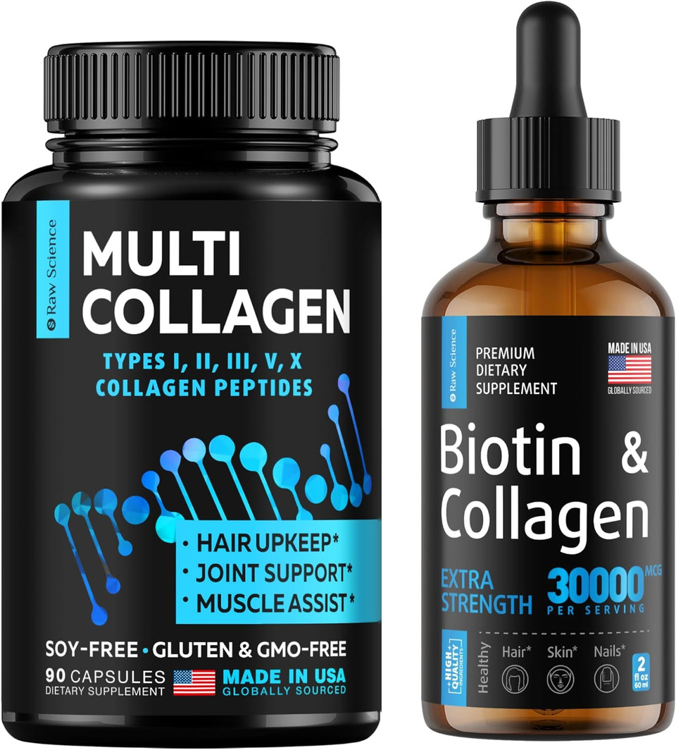 S Raw Science Vitamins For Hair, Skin, And Nails  Biotin & Collagen Drops 30000Mcg 2Oz And Multi Collagen Capsules 150Pcs