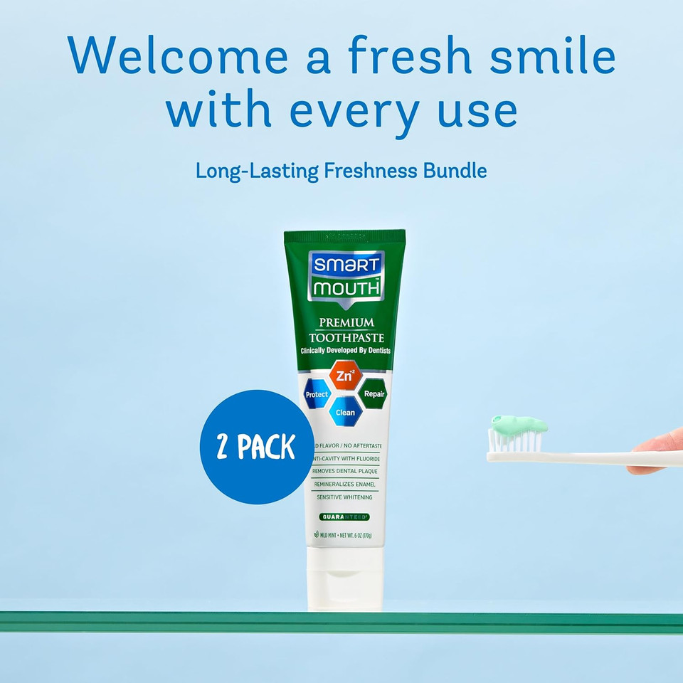 Smartmouth Premium Zinc Ion Toothpaste - Whitening Toothpaste With Fluoride - Refreshing, Anti-Cavity Toothpaste For Adults - Strengthens Enamel - Mild Mint Flavor, 6 Oz (2 Pack)