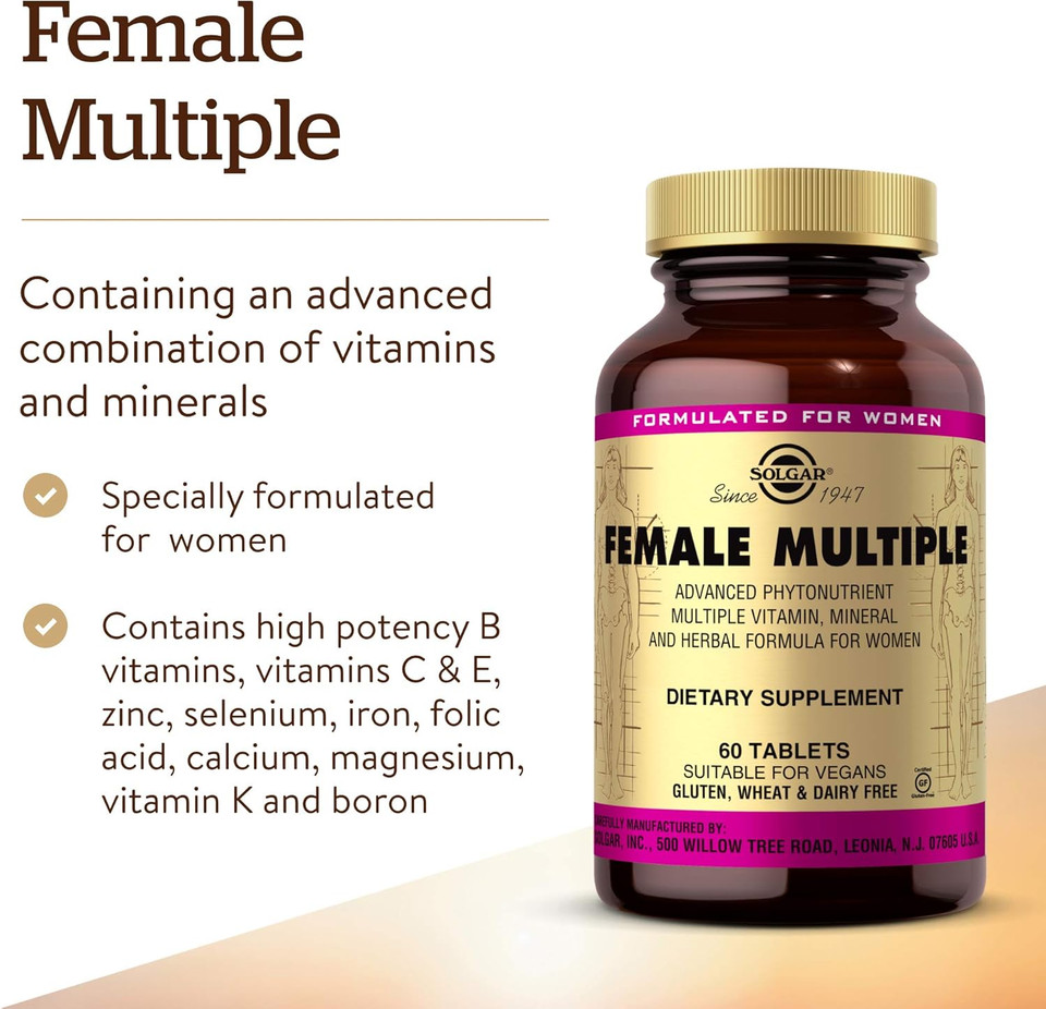 Solgar Female Multiple, 60 Tablets - Multivitamin, Mineral & Herbal Formula For Women - Advanced Phytonutrient - Vegan, Gluten Free, Dairy Free, Kosher - 20 Servings