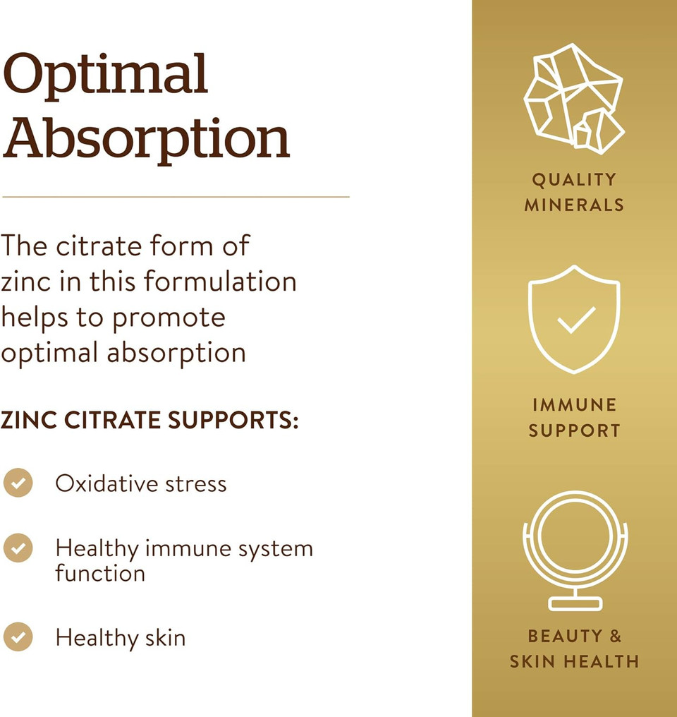 Solgar Zinc Citrate Vegetable Capsules, 100 Count, Non-Gmo, Gluten Free, And Kosher, Supports Immune System Health, Healthy Skin And Eyes, Normal Taste And Vision