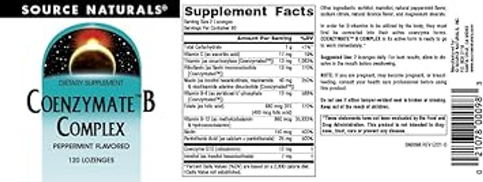 Source Naturals Coenzymate B Complex - Peppermint Flavor That Melts In Mouth - B Vitamins - 120 Lozenges