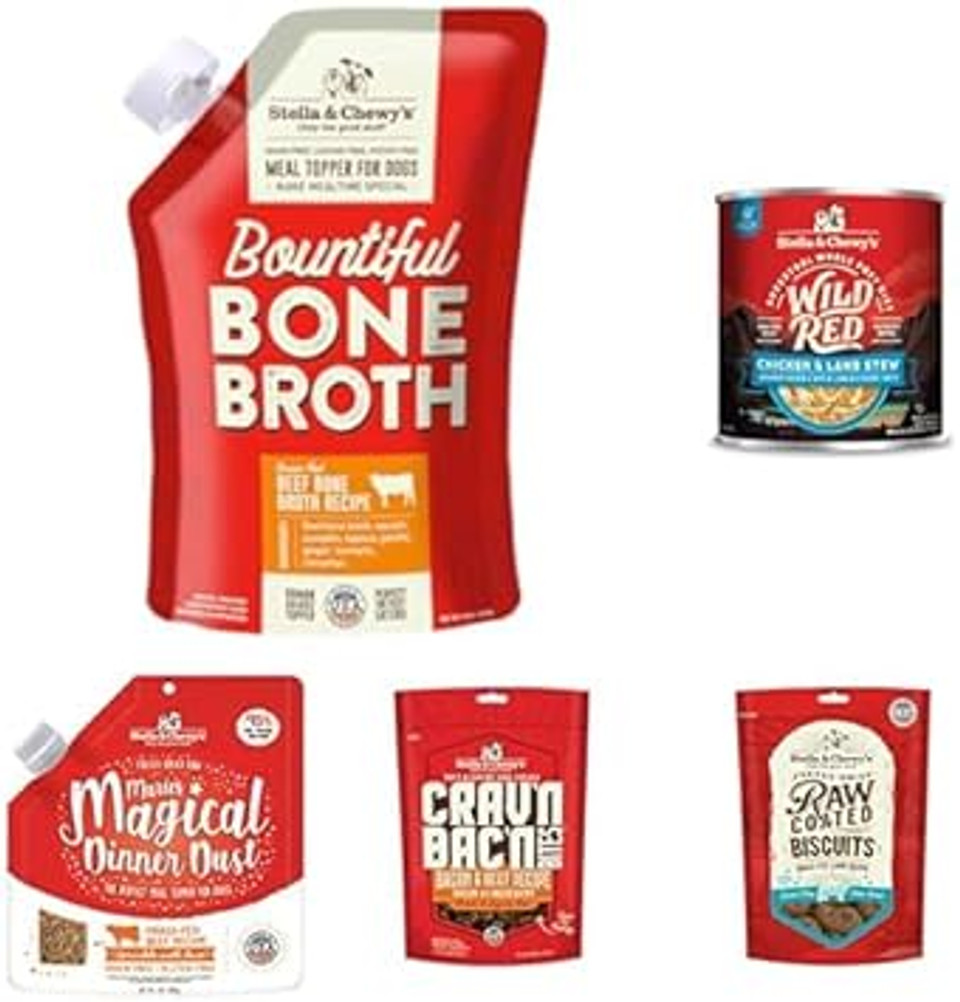Stella & Chewy'S Pate Pupizza Recipe Bundle (Bone Broth + Stew + Raw Coated Biscuits + Crav'N Bac'N Treats + Dinner Dust)