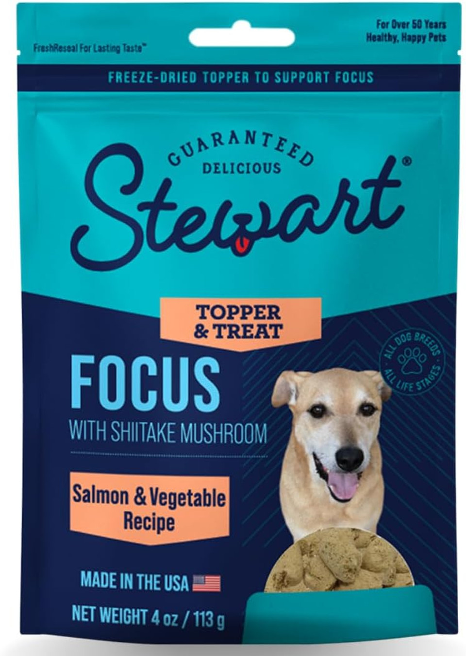 Stewart Freeze Dried Dog Food Topper, Focus, Salmon And Vegetable Recipe, 4 Ounce Pouch, Shiitake Mushrooms And Antioxidants For Cognitive Function