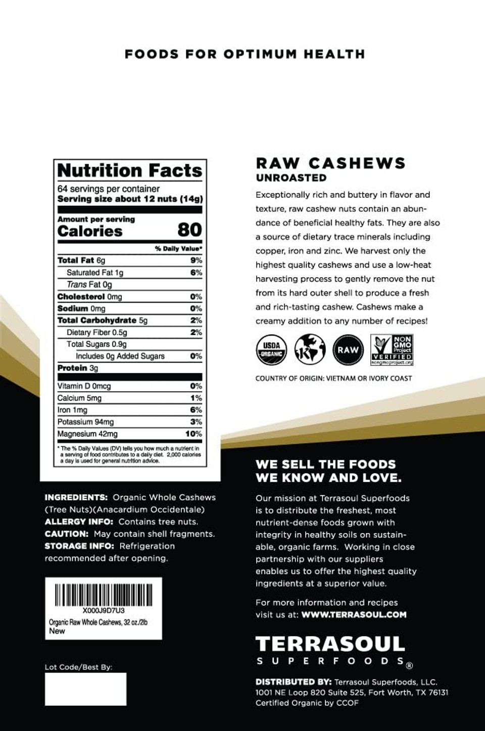 Terrasoul Superfoods Organic Raw Whole Cashews 6Lb Bundle (3-2Lb Resealable Packages)