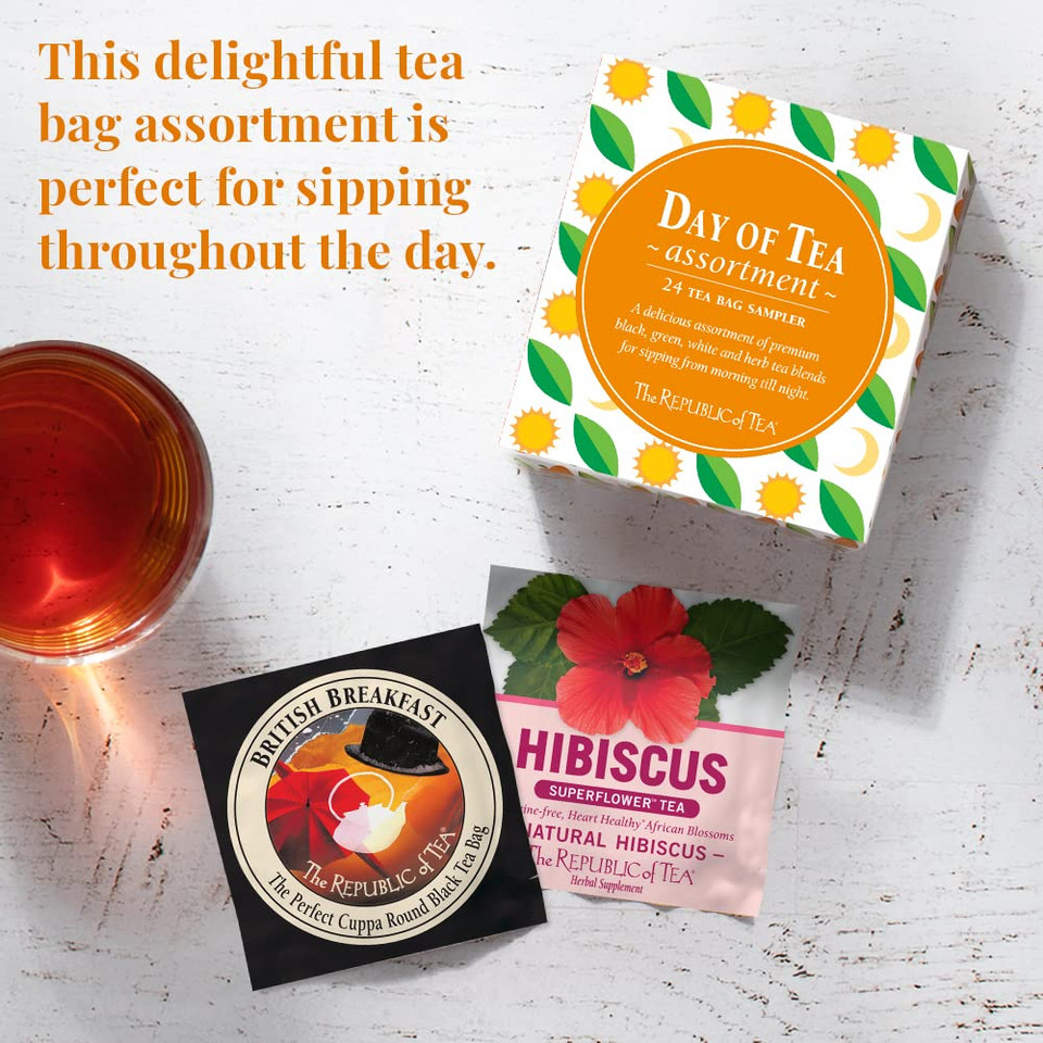 The Republic Of Tea  Day Of Tea Assortment Sampler, 24 Individually Wrapped Tea Bags, Black Tea, Green Tea, Herbal Tea