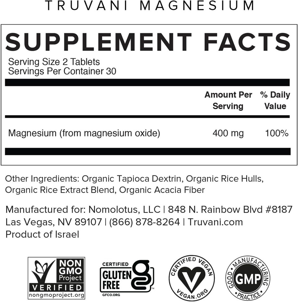 Truvani Magnesium 400Mg Oxide Tablets | 60 Tablets | Supports Calm And Sleep, Healthy Bones, Muscle Health, Digestive Health | Non-Gmo, Vegan Pills