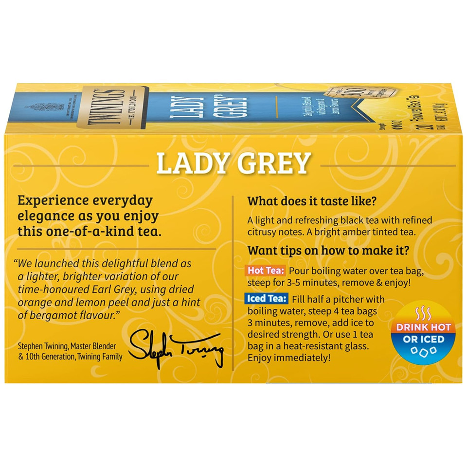 Twinings Lady Grey Black Tea Individually Wrapped Bags, 20 Count (Pack Of 6), Orange & Lemon Peel With A Hint Of Bergamot, Caffeinated, Enjoy Hot Or Iced | Packaging May Vary