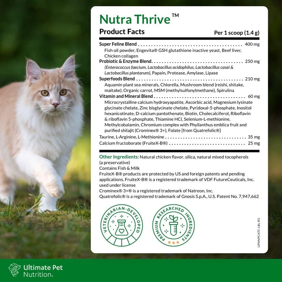 Ultimate Pet Nutrition Nutra Thriveã¢Â Cat 40 In 1 Nutritional Supplement For Cats, Vitamins, Minerals, Probiotics, Enzymes, Antioxidants And Superfoods Blend, 30 Servings
