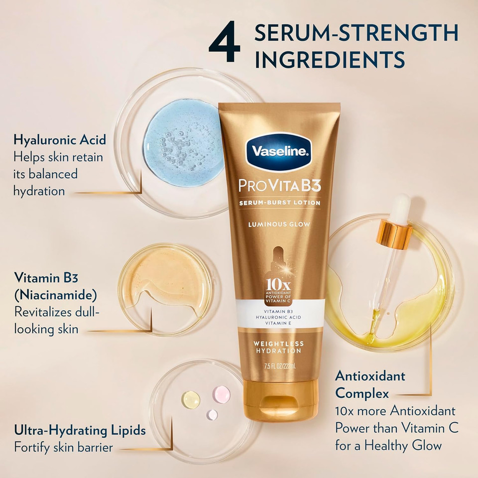 Vaseline Pro Vitab3 Serum Burst Lotion Luminous Glow Healthy, Glowing Skin, Lightweight 10X Antioxidant Power Of Vitamin C With Vitamin B3, Hyaluronic Acid & Vitamin E, 7.5 Fl Oz