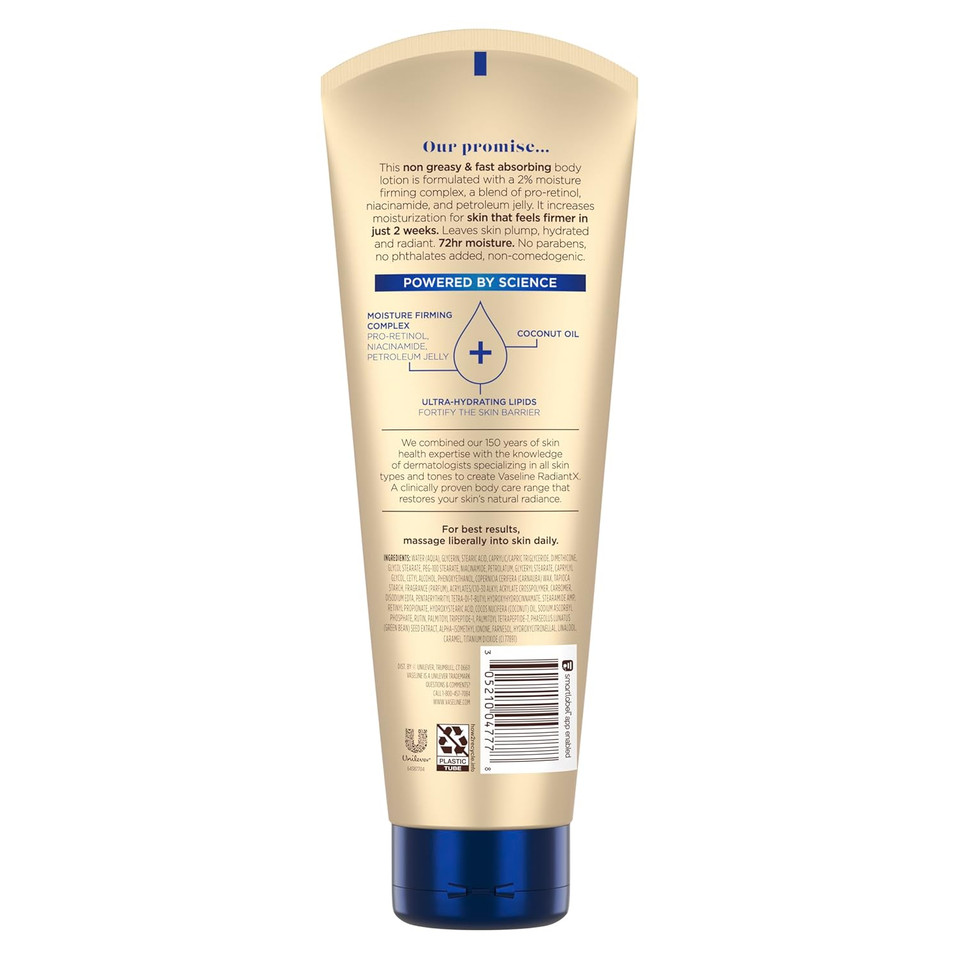 Vaseline Radiant X Firm & Restore With Pro-Retinol, Niacinamide & Coconut Oil, Nourishing Body Lotion 8 Oz