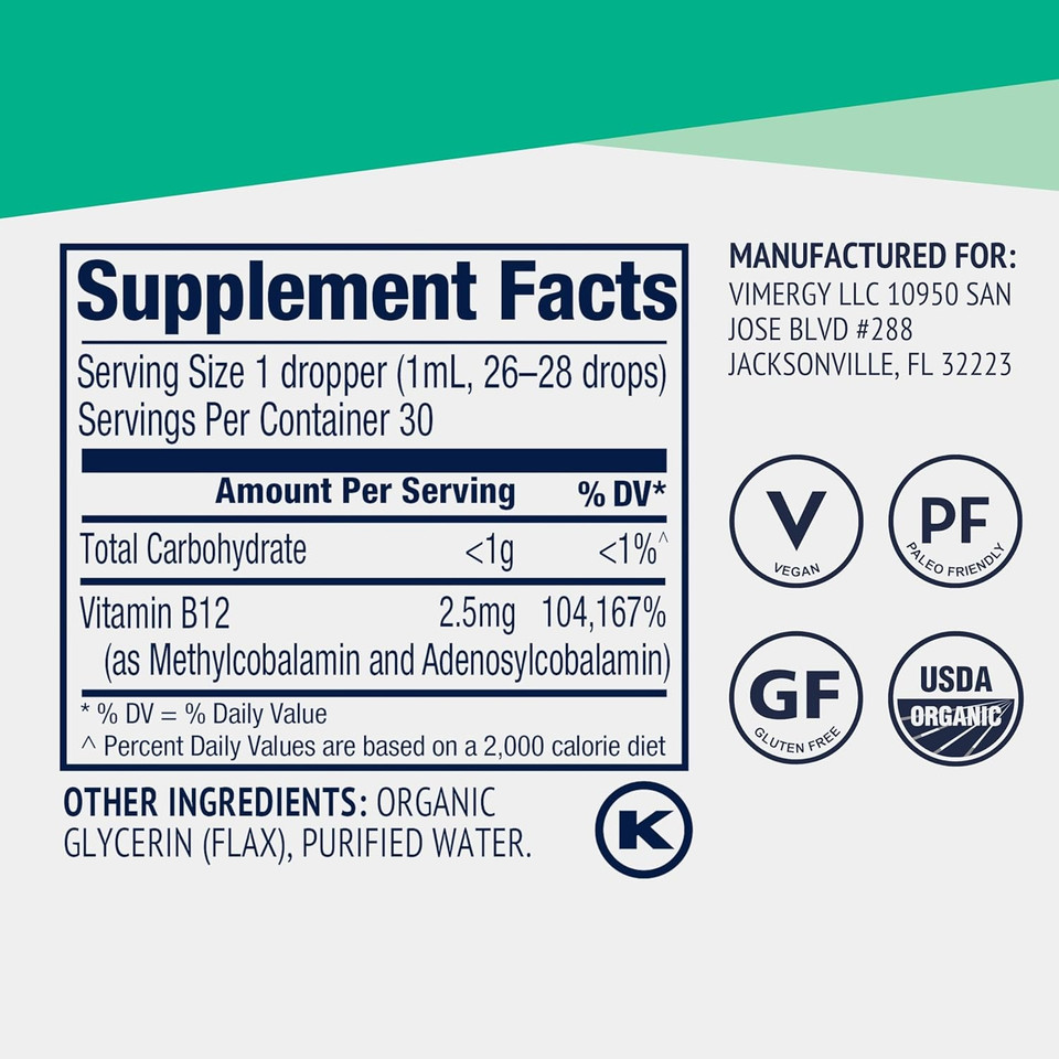 Vimergy Usda Organic B12 - Travel Size - 30 Servings  Alcohol Free B-12 Liquid Vitamin - Supports Brain Energy, Nervous System, Cognition, Memory - No Gluten, Non-Gmo, Vegan & Paleo (30 Ml)