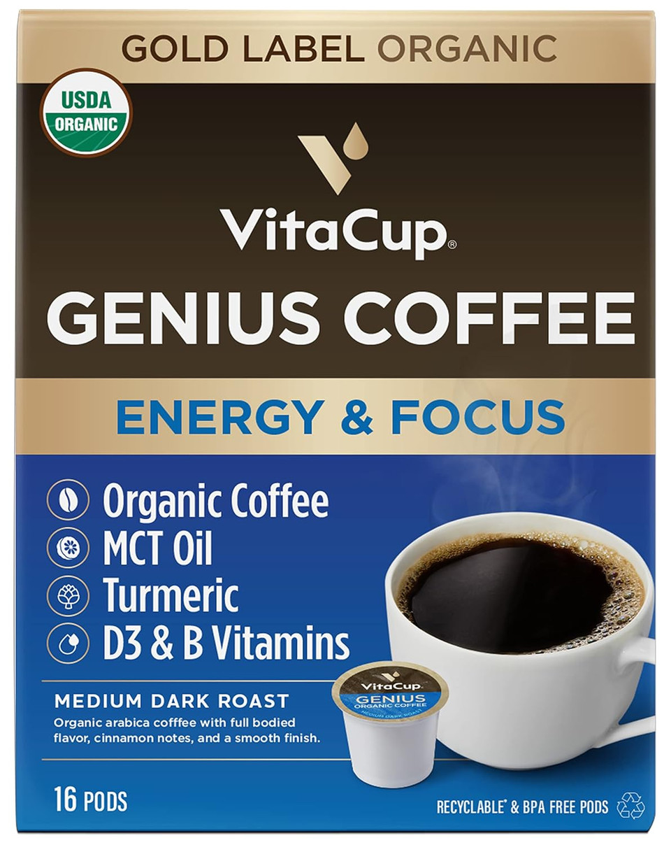Vitacup Genius Organic & Genius Vanilla Coffee 32 Pod Bundle | Energy & Focus |Superfood & Vitamins Infused | Variety Pack Of (2) 16 Count Single Serve Recyclable Pods Compatible With K-Cup Brewers