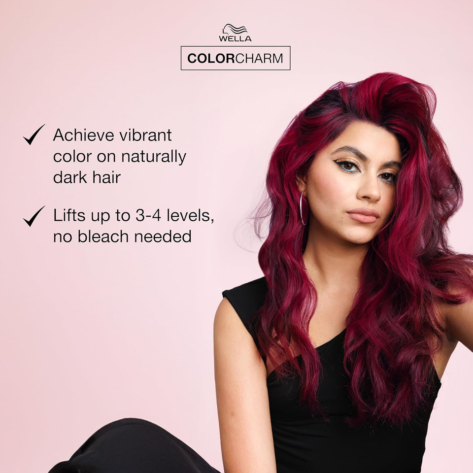 Wella Colorcharm Vivid Darks Permanent Cream Color, Vibrant Color For Dark Hair, Nourishing Vegan Formula, No Bleach Needed, Viva Violet + 30 Vol. Cream Developer Bundle