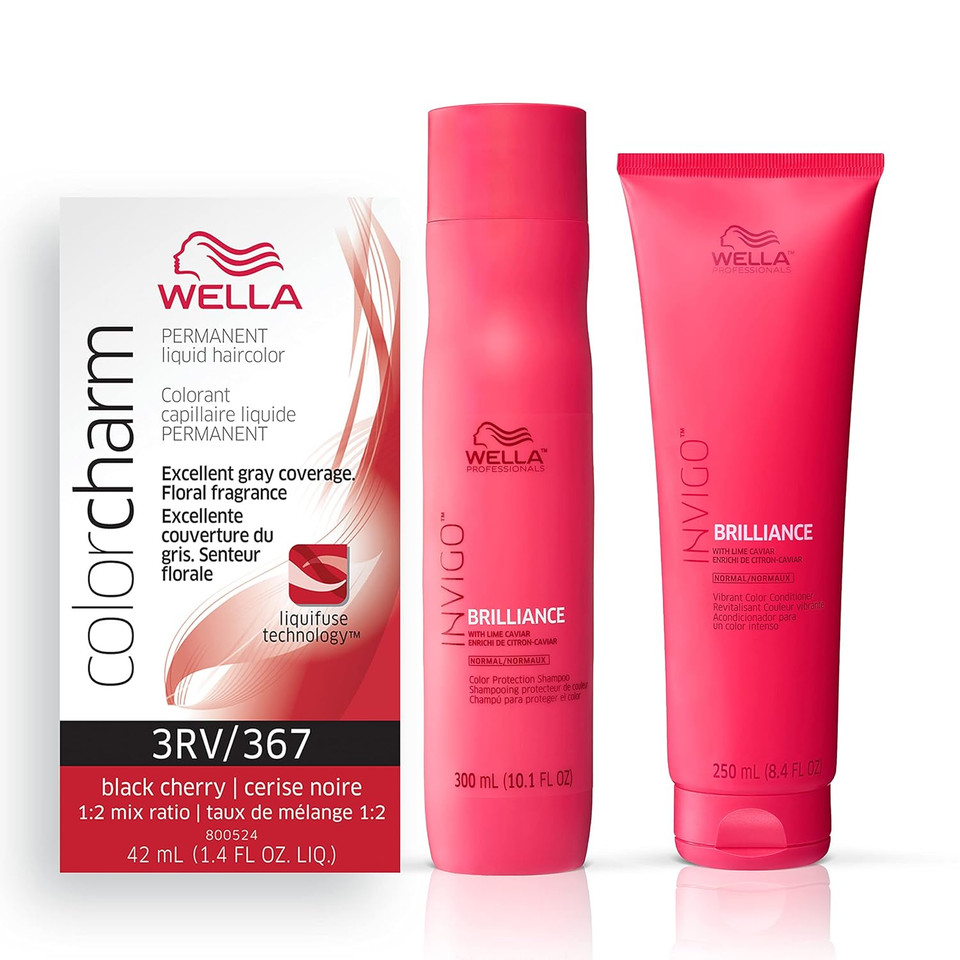 Wella Professionals Invigo Brilliance Color Protection Shampoo & Conditioner, For Fine Hair + Wella Colorcharm Permanent Liquid Hair Color For Gray Coverage, 3Rv Black Cherry