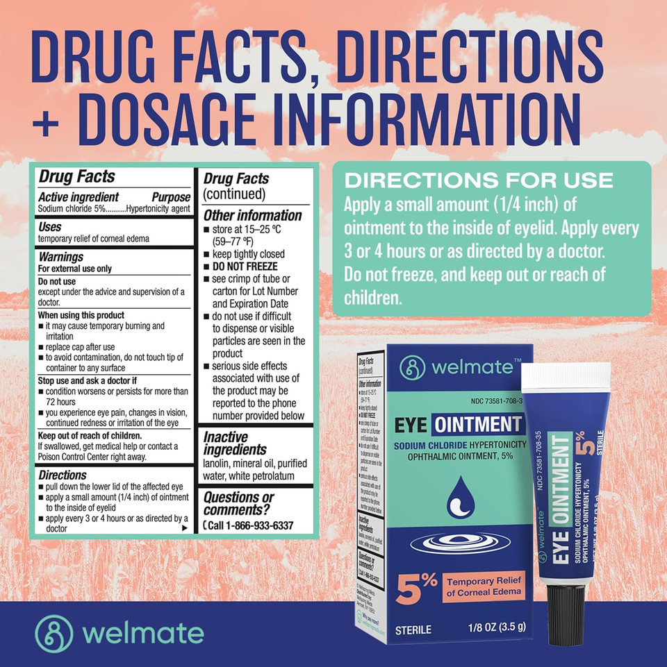 Welmate - Eye Ointment - Sodium Chloride Hypertonicity Ophthalmic Ointment 5% - Temporary Relief Of Corneal Edema Eye Symptoms - Sterile - Eye Care & Personal Care Products - 1/8 Oz (3.5 G)