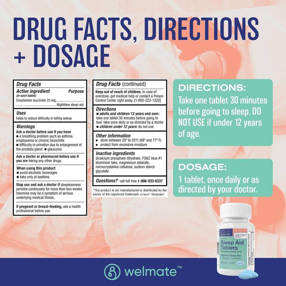 Welmate | Doxylamine Succinate 25Mg | Nighttime Sleep Aid | Safe & Effective | Non-Habit Forming | Sleep Aids For Adults & Children | For Women & Men | Made In Usa | 200 Tablets