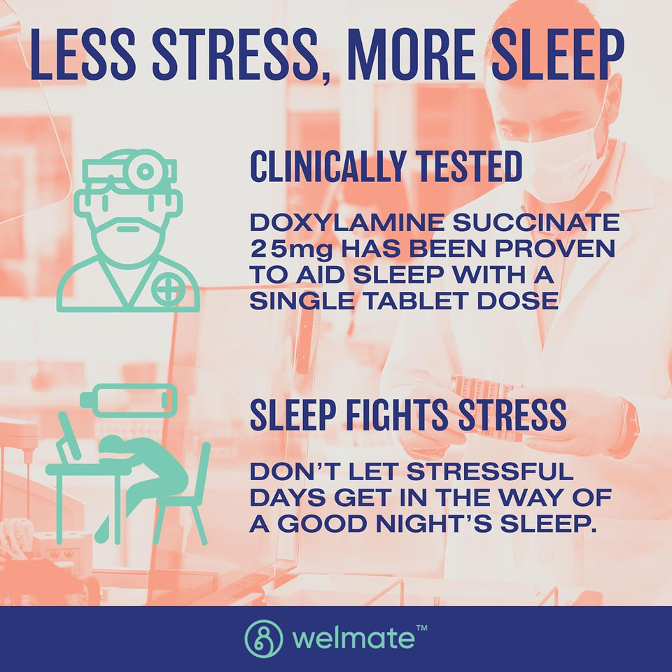 Welmate | Doxylamine Succinate 25Mg | Nighttime Sleep Aid | Safe & Effective | Non-Habit Forming | Sleep Aids For Adults & Children | For Women & Men | Made In Usa | 200 Tablets