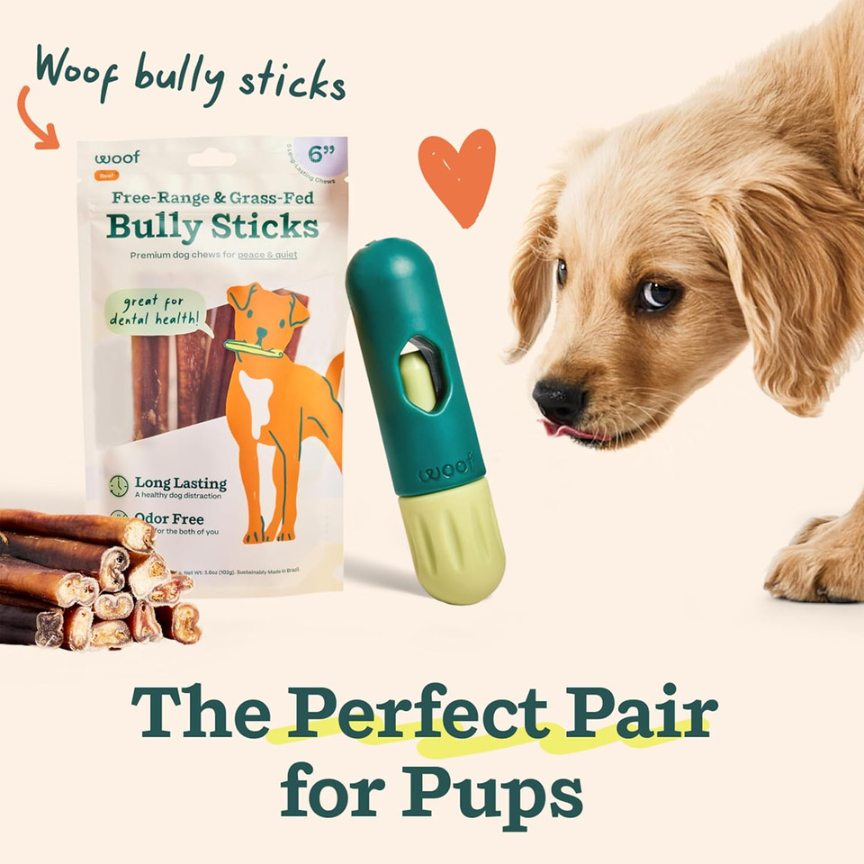 Woof Bullysafe And Bully Sticks - Nutritious Chew Sticks For Dogs And Bully Stick Holder For Safe, Long-Lasting Play -No More Swallowed Ends - 6" Sticks - 5 Pack