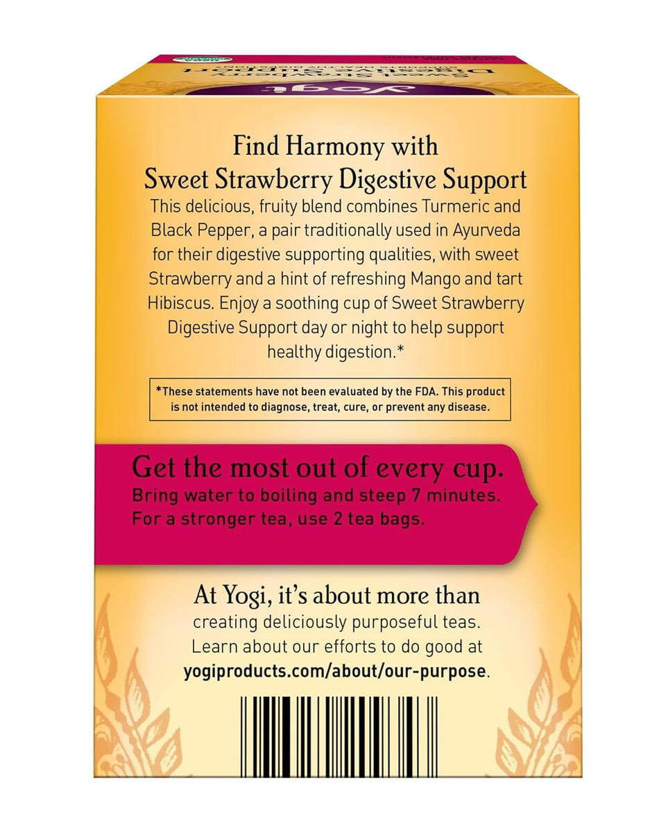 Yogi Tea Sweet Strawberry Digestive Support - 16 Tea Bags Per Pack (6 Pack) - Organic Turmeric Tea Bags - Digestive Support Tea - Includes Turmeric Root, Black Pepper, Strawberry, Mango & More Yogi Tea Sweet Strawberry Digestive Support - 16 Tea Bags Per Pack (6 Pack) - Organic Turmeric Tea Bags - Digestive Support Tea - Includes Turmeric Root, Black Pepper, Strawberry, Mango & More