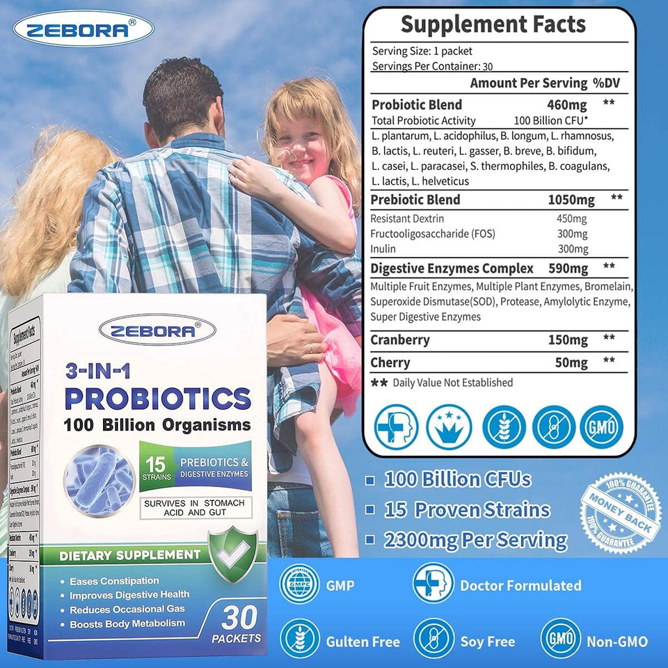 Zebora Probiotics For Adult 100 Billion Cfu With Prebiotics And Enzymes, Probiotic Powder For Women, Men, Kids, Shelf Stable Probiotic Supplement For Digestive Health