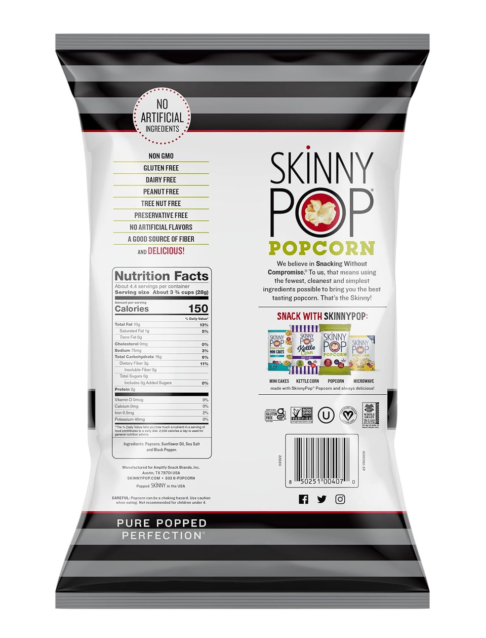 Skinnypop Sea Salt & Pepper Popcorn, Gluten Free, Non-Gmo, Healthy Popcorn Snacks, Skinny Pop, 4.4Oz Grocery Size Bags (12 Count)
