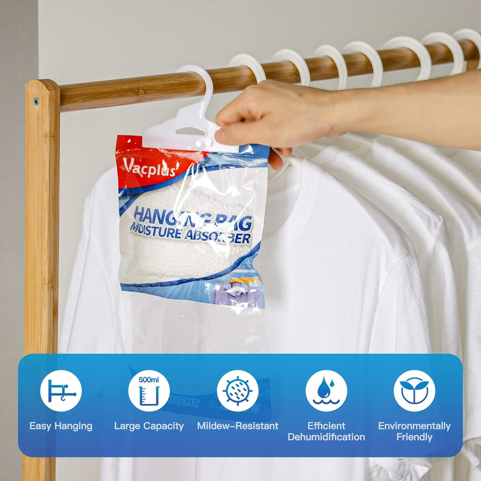 Vacplus Moisture Absorbers Packets, Fragrance Free 15 Pack, Humidity Packs, Dessicant Packets, Hanging Closet Dehumidifier Bags, Odor Eliminator For Bathroom 9.8Oz