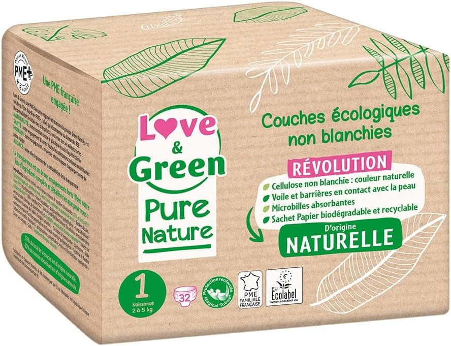 Love & Green Organic Diapers Pure Nature 32 Diapers Size 1 Birth (2 to 5Kg)