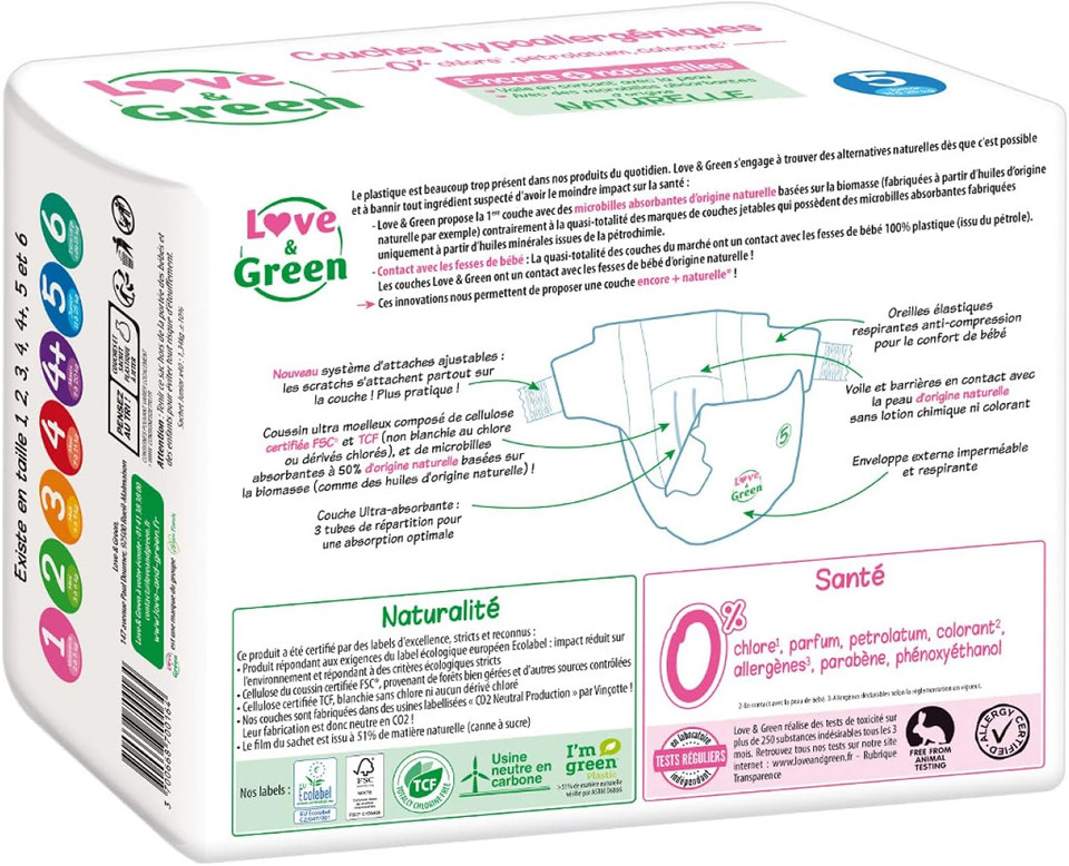 Love & Green Hypoallergenic Nappies 40 Nappies Size 5 (11-25kg)