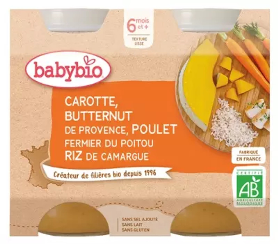 Babybio Carrot Butternut Of Provence, Farm Chicken Of Poitou Camargue Rice 6 Months And + Organic 2 Jars Of 200G