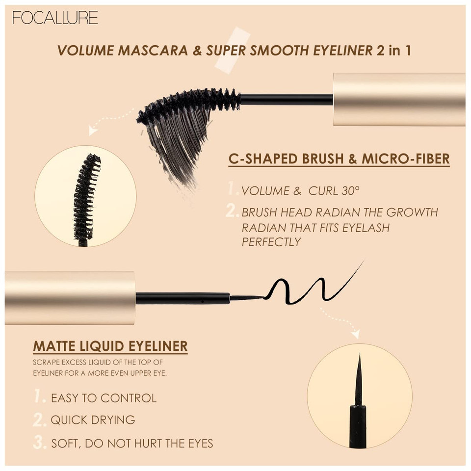 Focallure Mascara + Liquid Eyeliner, Double-Ended Mascara Set, 2-In-1 Boosts Lash Length, Volume & Definition, Long Lasting, Waterproof & Smudge-Proof1 Mascara & Eyeliner