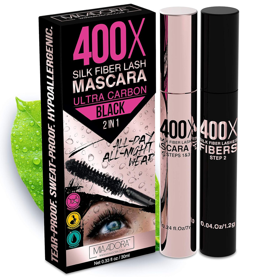 400X Pure Silk Fiber Lash Mascara [Ultra Black Volume And Length], Longer & Thicker Eyelashes, Waterproof, Long Lasting, Instant & Very Easy To Apply, Smudge-Proof, Hypoallergenic, Cruelty & Paraben Free (Mia Adora)Ultra Carbon Black