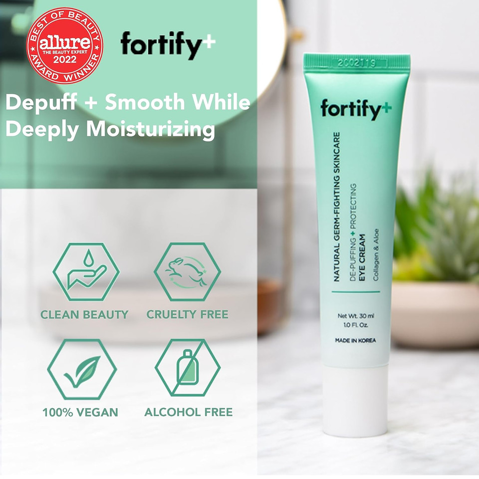 Fortify Natural Skincare - Eye Cream - De-Puffing + Protecting | Helps Protect, Hydrate, & Refresh | Clean Beauty | Made In Korea - 30Ml