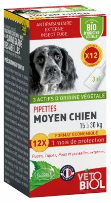 Vã©Tobiol Pipettes Medium Dog 15 To 30Kg Organic 12 Pipettes