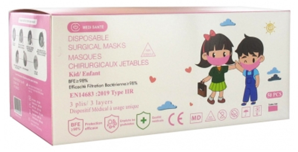 Mã©Di-Santã© Surgical Disposable Mask Children Iir Efb Type 98% Pink 50 Masks