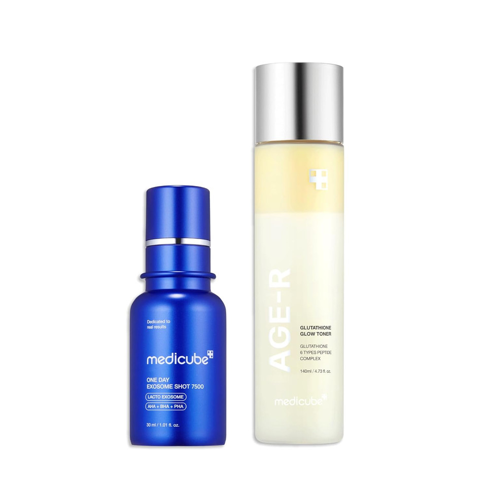 Medicube Glass Glow Skin Texture Duo: Zero Exosome Shot 7,500 Ppm Spicule Facial Serum And Age-R Glutathione Glow Milky Toner