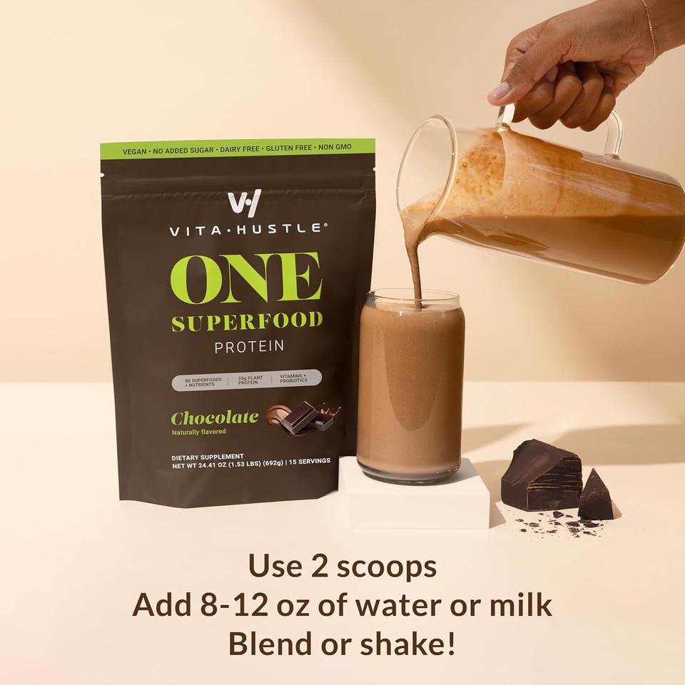 Vitahustle One - Superfood Meal Replacement Powder, Plant Based Protein Shake Powder, Vegan. 86 Superfoods, Vitamins, & Minerals, Ashwagandha, Adaptogens. Founded By Kevin Hart. (Chocolate 2-Pack)