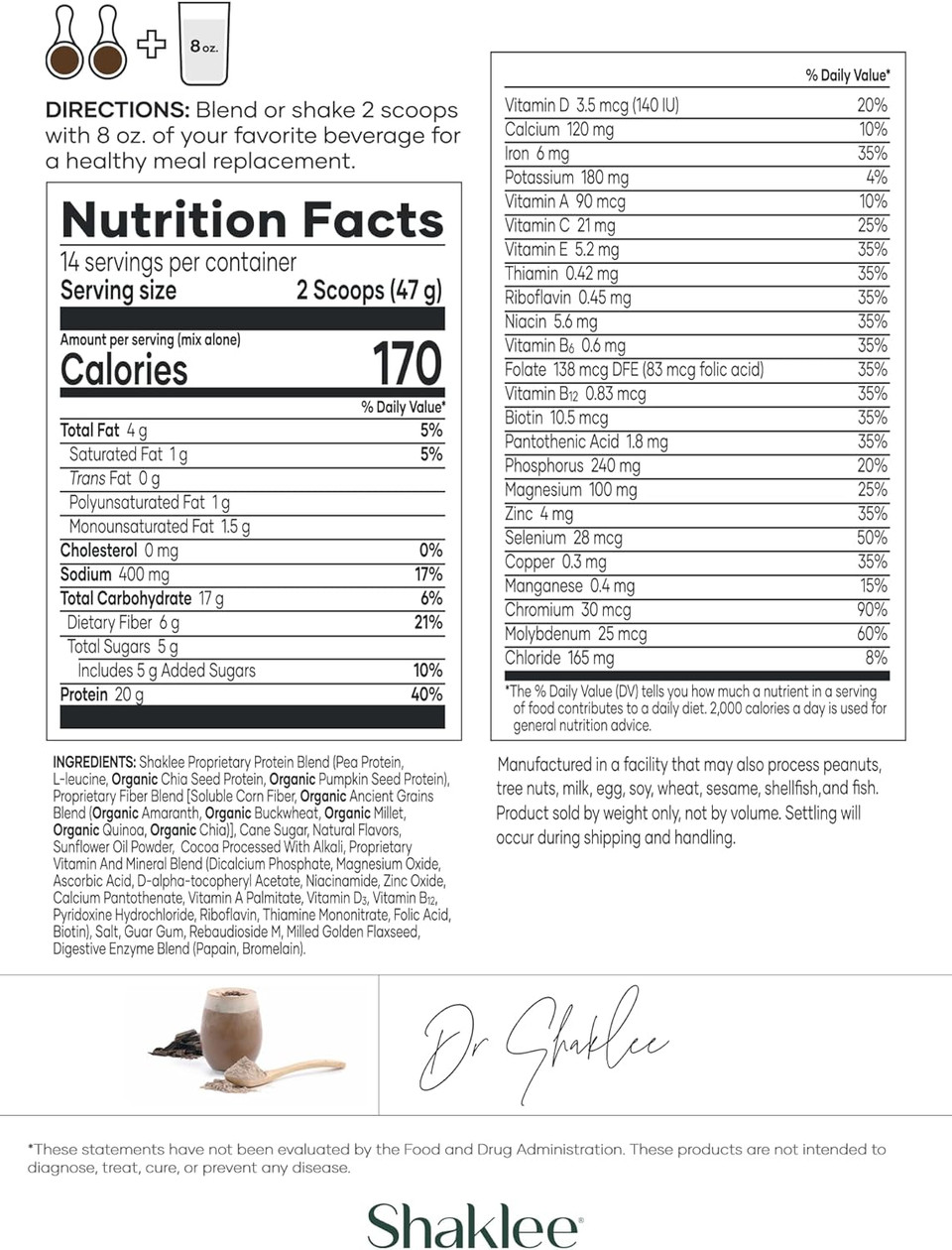 Shaklee Life Shakeâ Plant Protein Rich Chocolate - Complete Meal Replacement With 20G Protein, 6G Fiber, 24 Vitamins & Minerals - Supports Satiety & Healthy Weight - Non-Gmo - 14 Servings
