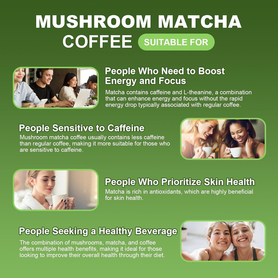 Mushroom Matcha Coffee - Matcha Green Tea Infused With 4 Superfood Mushrooms, Instant Coffee, Skim Milk - Great Tasting Mushroom Matcha For Focus & Energy, Non-Vegetarian - 5.64 Oz
