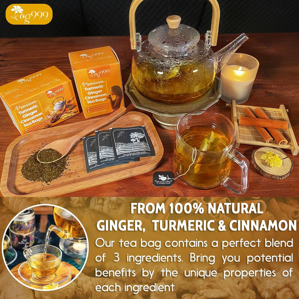 Tog999, Premium 15 Tea Bags Turmeric, Ginger, Cinnamon, 100% Natural, Hand-Made Blend Of Turmeric, Ginger, And Cinnamon Herbal Tea. Eco-Conscious Tea Bags. No Sugar, No Caffeine, No Gluten, Vegan