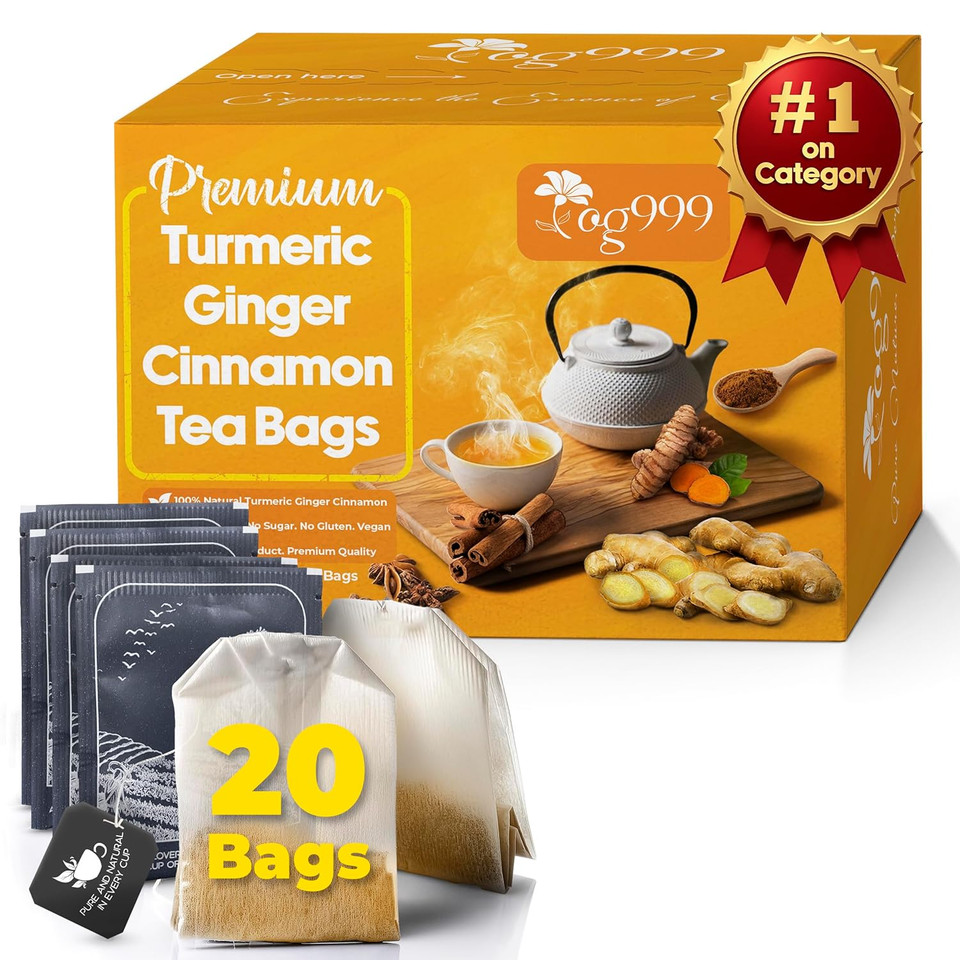 Tog999, Premium 20 Tea Bags Turmeric, Ginger, Cinnamon, 100% Natural, Hand-Made Blend Of Turmeric, Ginger, And Cinnamon Herbal Tea. Eco-Conscious Tea Bags. No Sugar, No Caffeine, No Gluten, Vegan