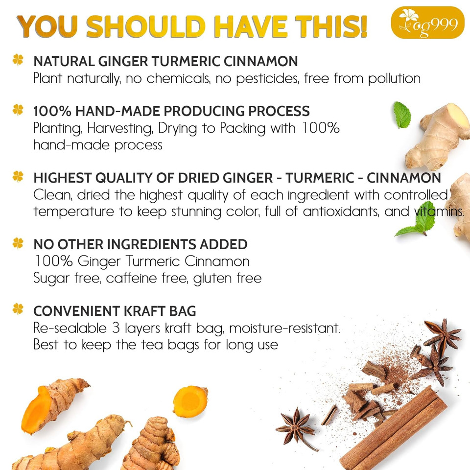 Tog999, Premium 20 Tea Bags Turmeric, Ginger, Cinnamon, 100% Natural, Hand-Made Blend Of Turmeric, Ginger, And Cinnamon Herbal Tea. Eco-Conscious Tea Bags. No Sugar, No Caffeine, No Gluten, Vegan