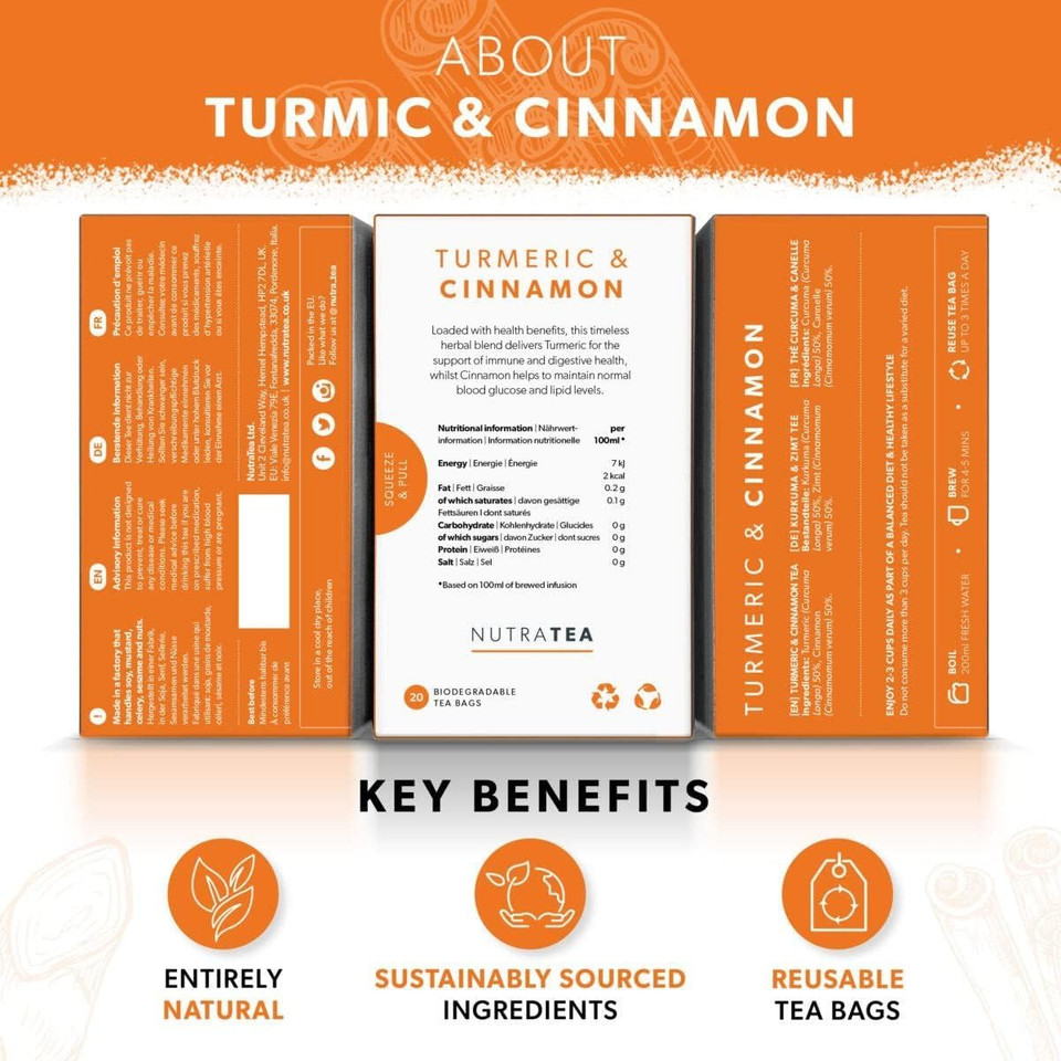 Nutra Tea - Turmeric & Cinnamon Tea - 20 Tea Bags - Herbal Tea